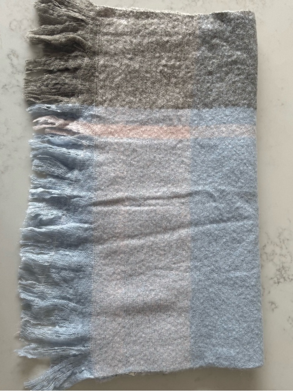 Soft Fringed Colorblock Scarf in Light Blue and Gray